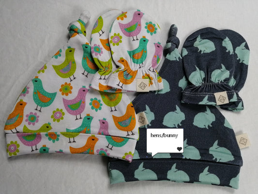 Baby unisex hat mitten combo set bunny hens printed
